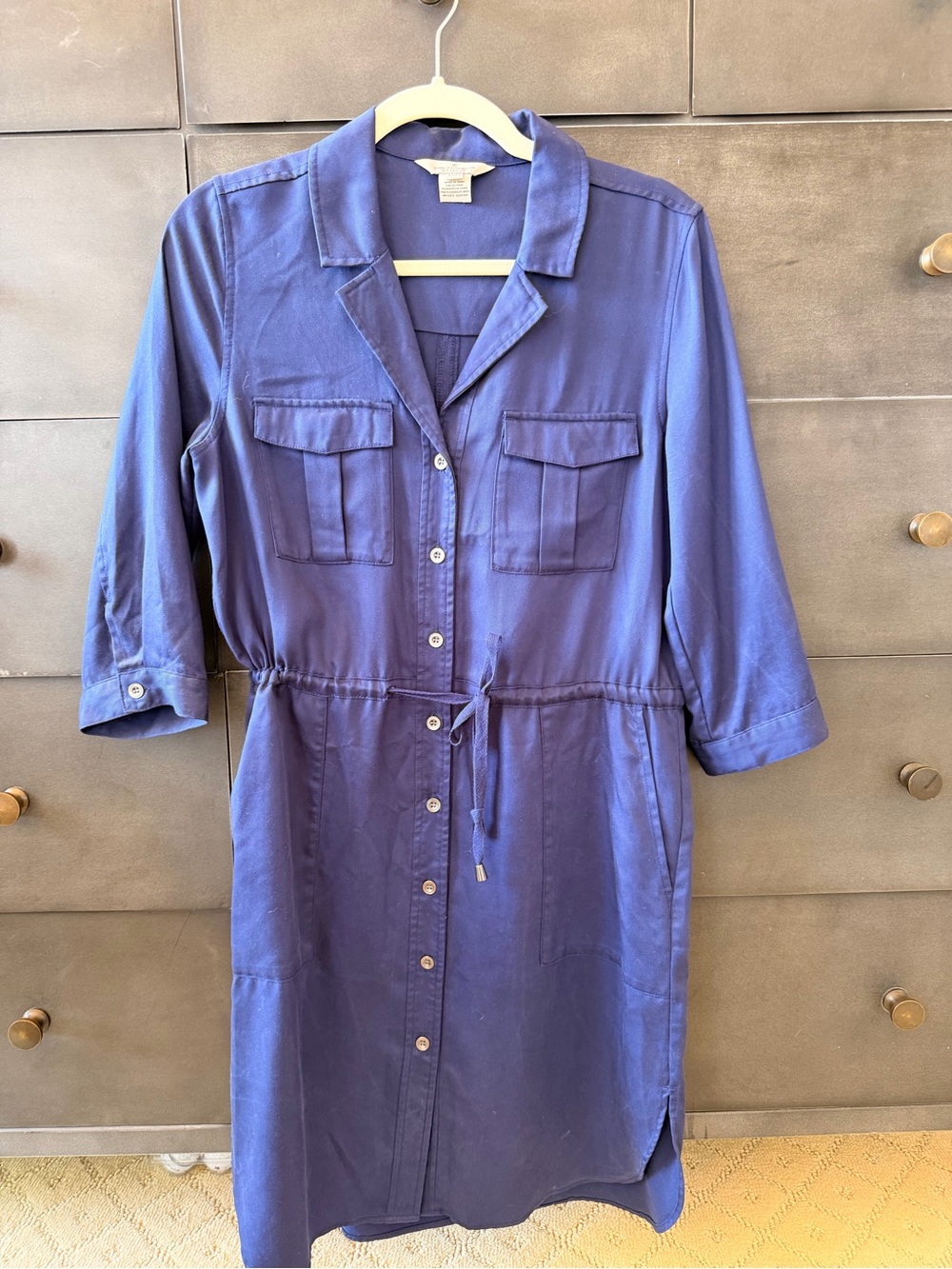 French Connection Blue Button-Front Drawstring Shirt Dress - Picture 3 of 8